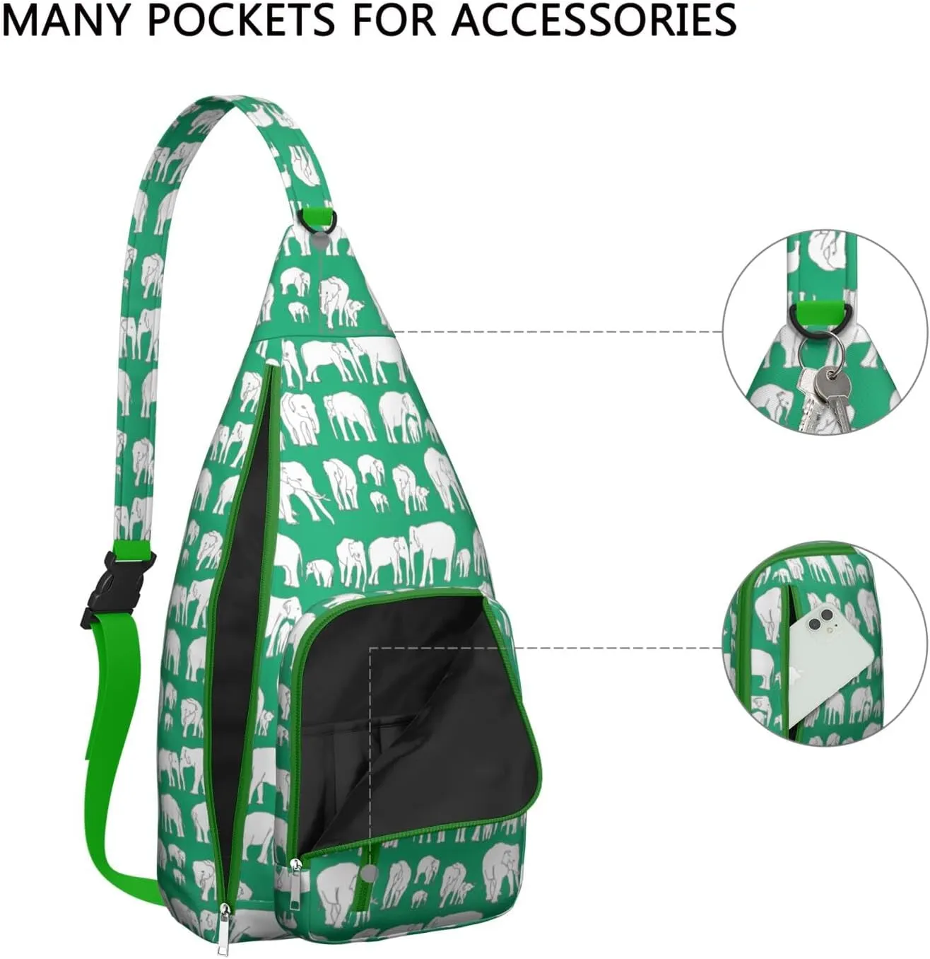 African Elephant Art Green Print Crossbody Bag Daypack for Women Men Lightweight Waterproof Sling Bag Backpack Hiking Cycling