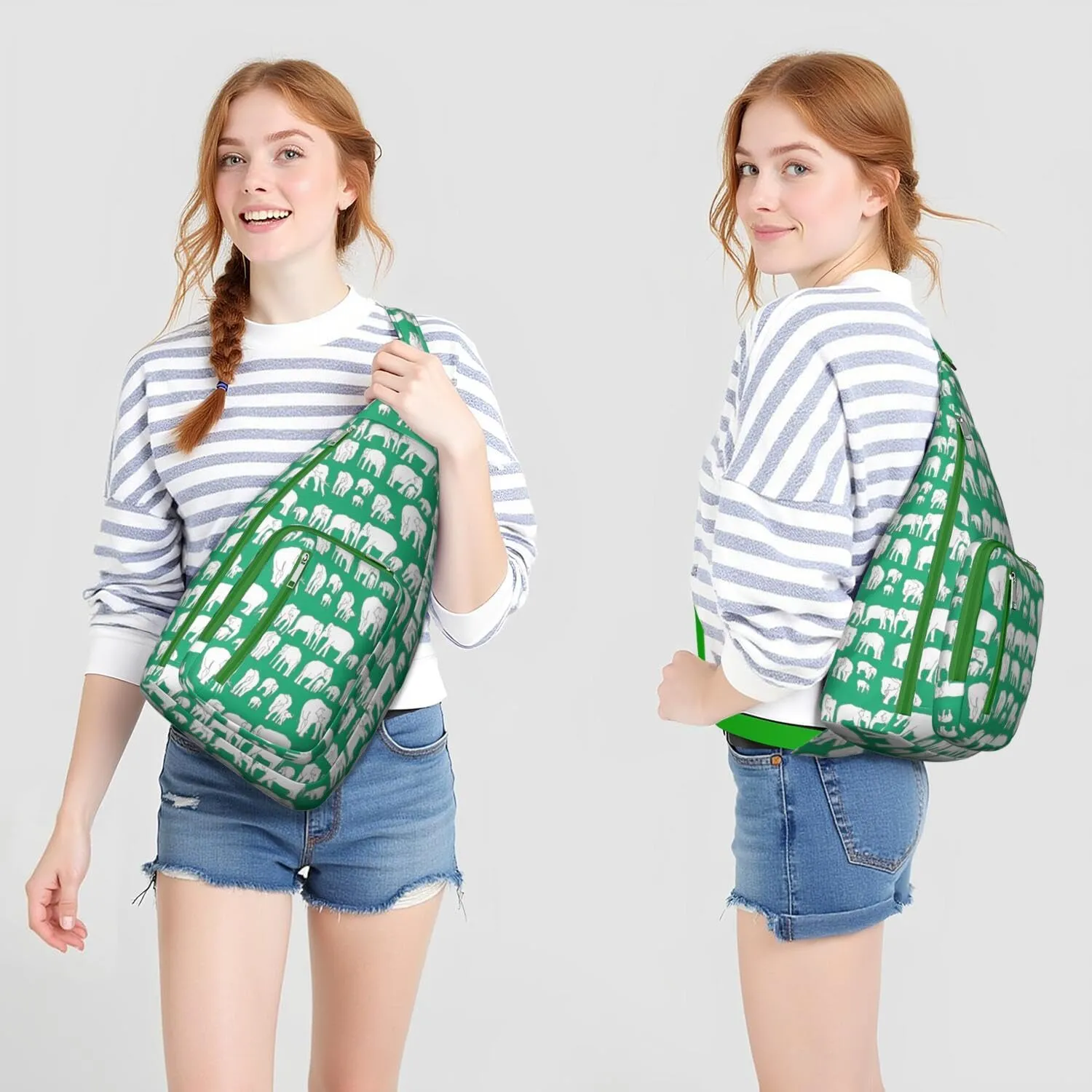 African Elephant Art Green Print Crossbody Bag Daypack for Women Men Lightweight Waterproof Sling Bag Backpack Hiking Cycling