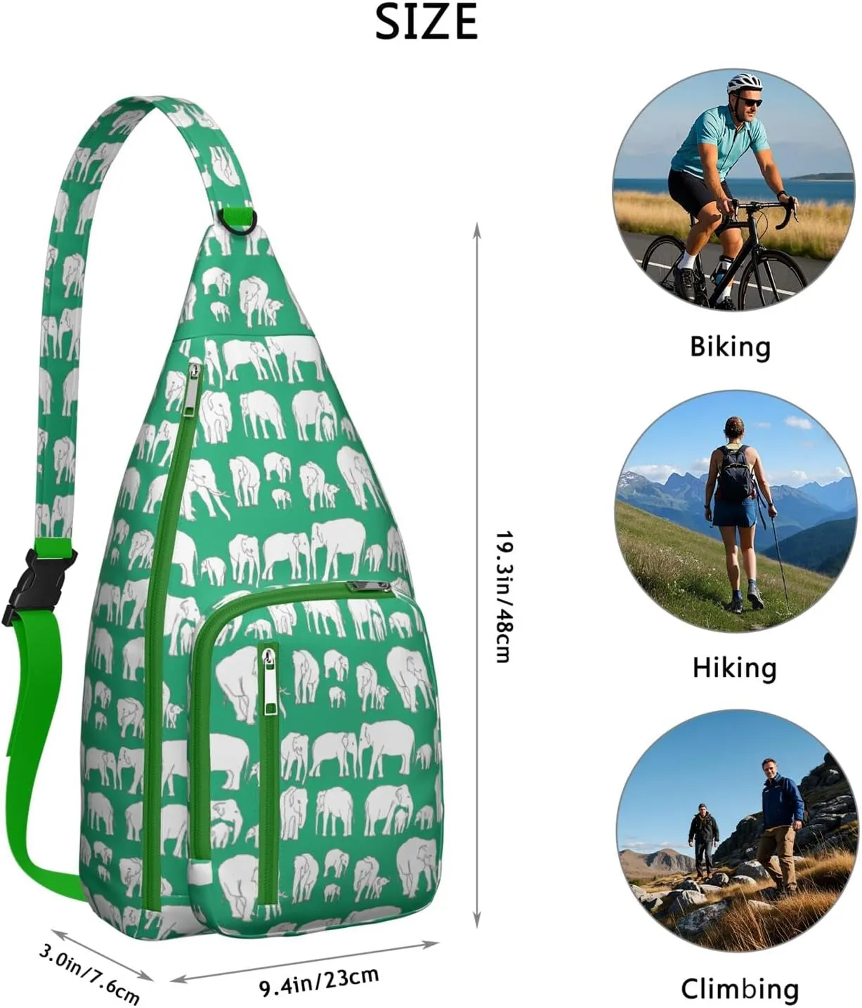 African Elephant Art Green Print Crossbody Bag Daypack for Women Men Lightweight Waterproof Sling Bag Backpack Hiking Cycling