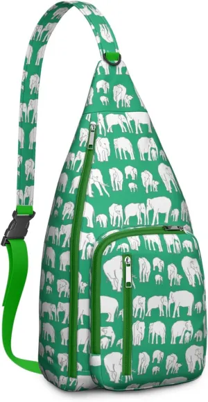 African Elephant Art Green Print Crossbody Bag Daypack for Women Men Lightweight Waterproof Sling Bag Backpack Hiking Cycling