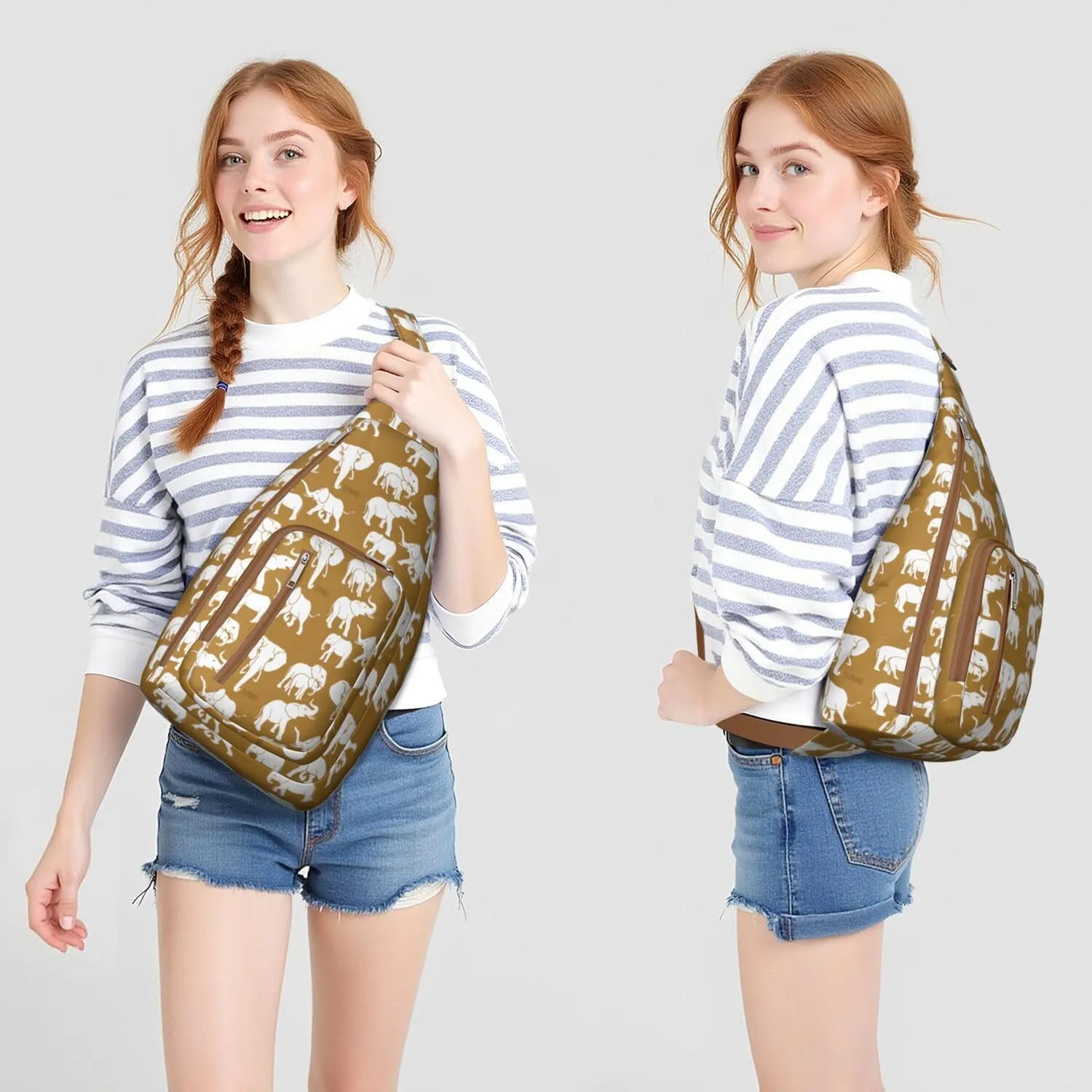 African Elephant Art Print Various Poses Crossbody Bag Daypack for Women Men Lightweight Waterproof Sling Bag Backpack Hiking Cycling