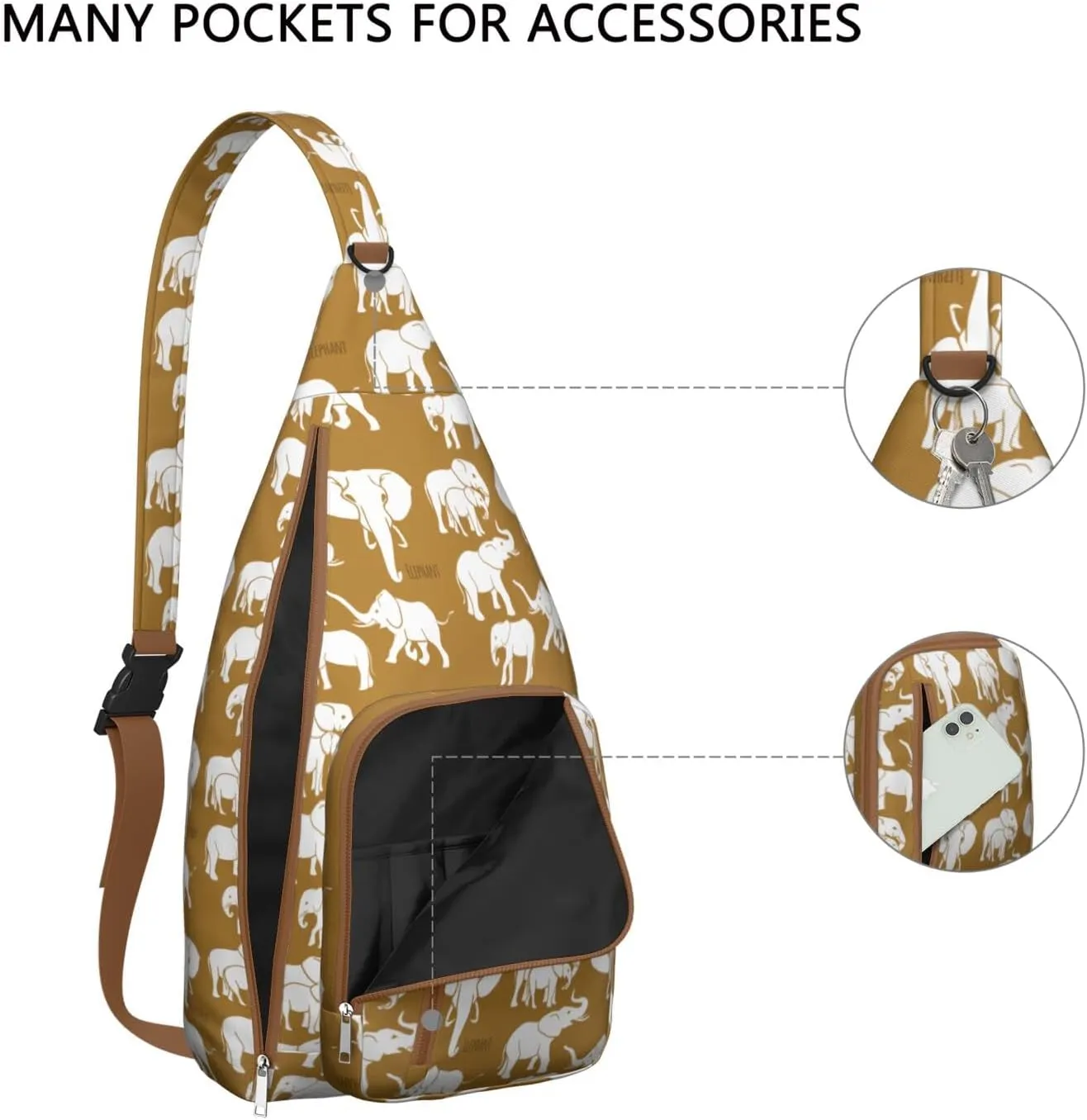African Elephant Art Print Various Poses Crossbody Bag Daypack for Women Men Lightweight Waterproof Sling Bag Backpack Hiking Cycling