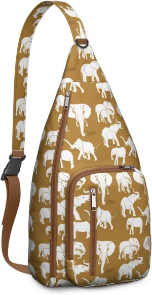 African Elephant Art Print Various Poses Crossbody Bag Daypack for Women Men Lightweight Waterproof Sling Bag Backpack Hiking Cycling