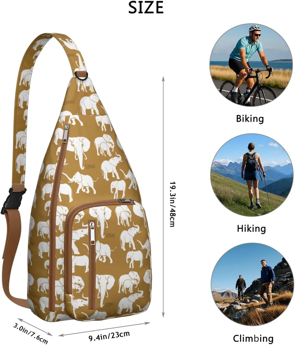 African Elephant Art Print Various Poses Crossbody Bag Daypack for Women Men Lightweight Waterproof Sling Bag Backpack Hiking Cycling