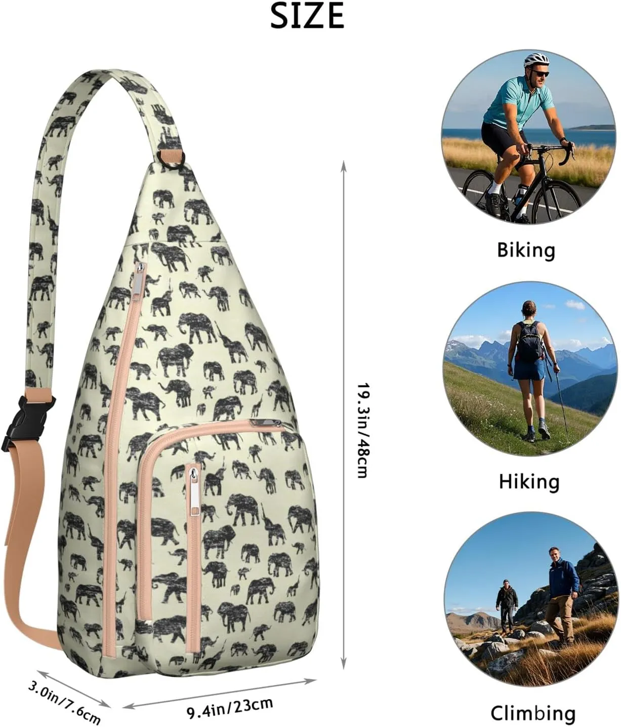 African Elephant Print Art Crossbody Bag Daypack for Women Men Lightweight Waterproof Sling Bag Backpack Hiking Cycling