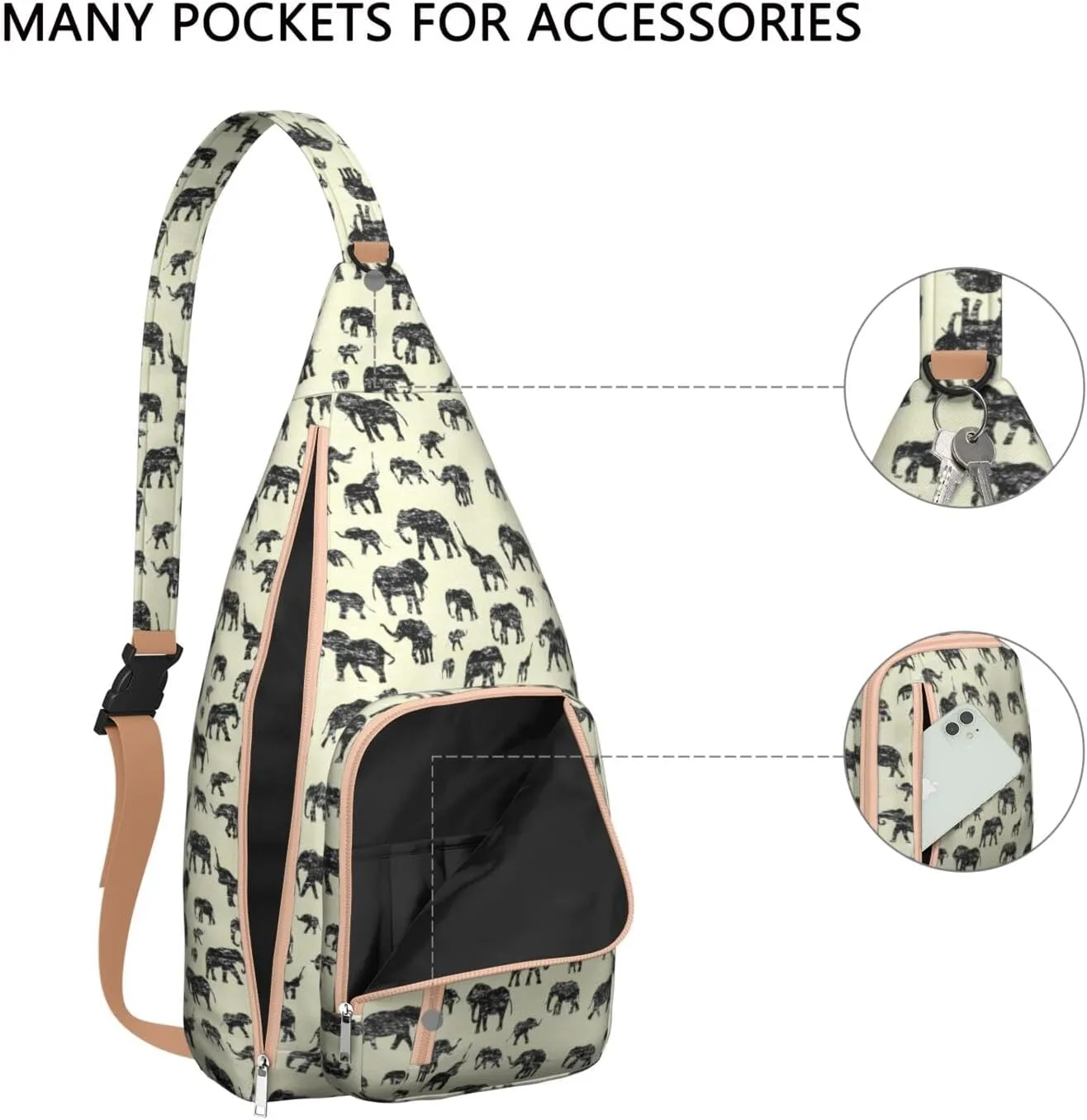 African Elephant Print Art Crossbody Bag Daypack for Women Men Lightweight Waterproof Sling Bag Backpack Hiking Cycling