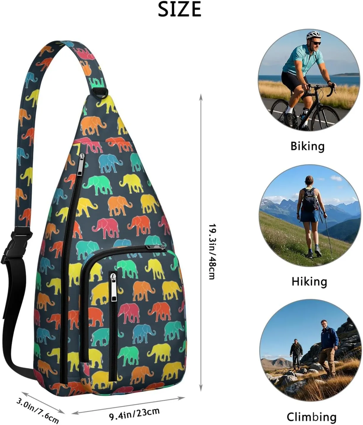 African Elephant Print Black Crossbody Bag Daypack for Women Men Lightweight Waterproof Sling Bag Backpack Hiking Cycling