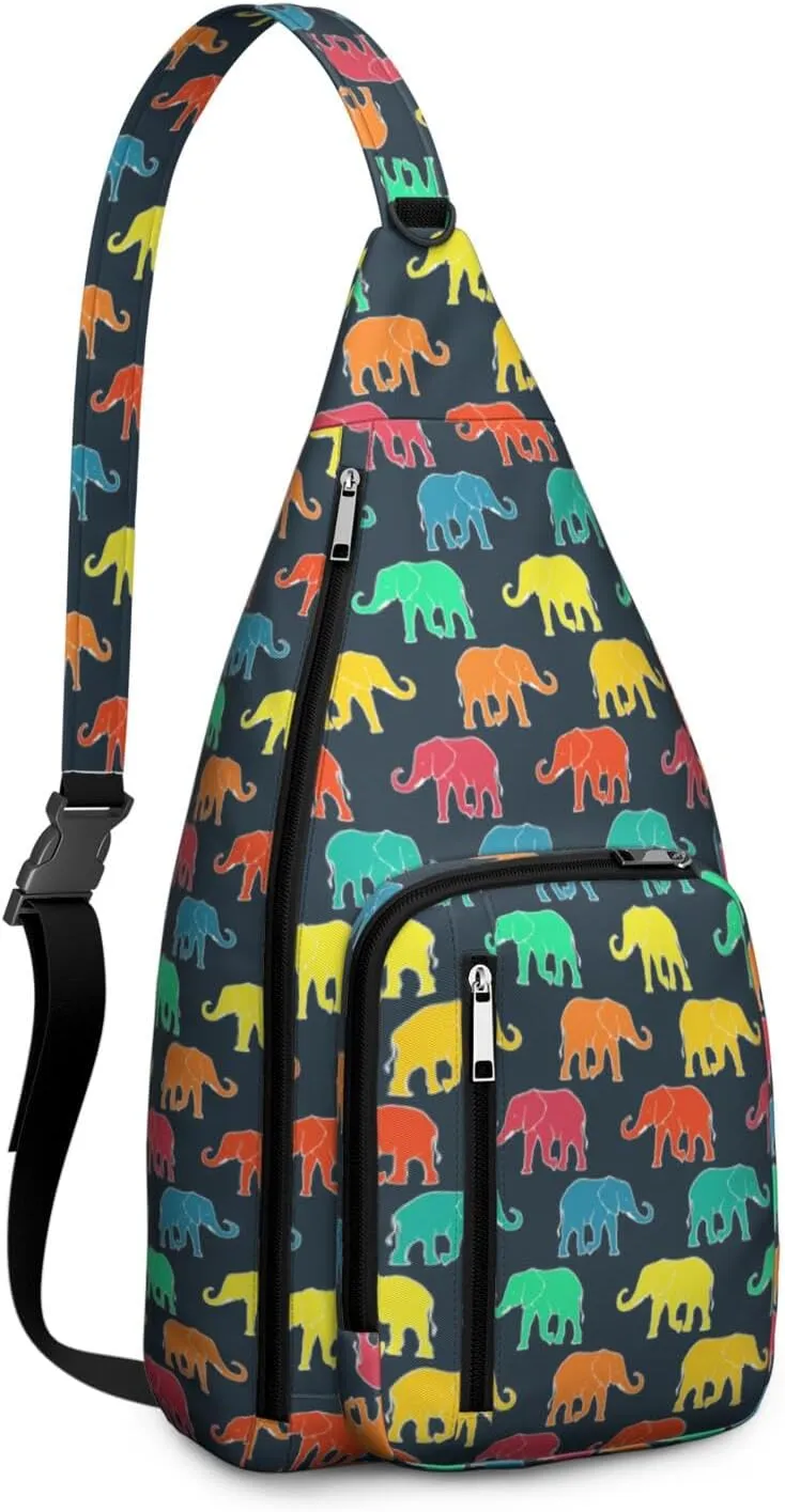 African Elephant Print Black Crossbody Bag Daypack for Women Men Lightweight Waterproof Sling Bag Backpack Hiking Cycling