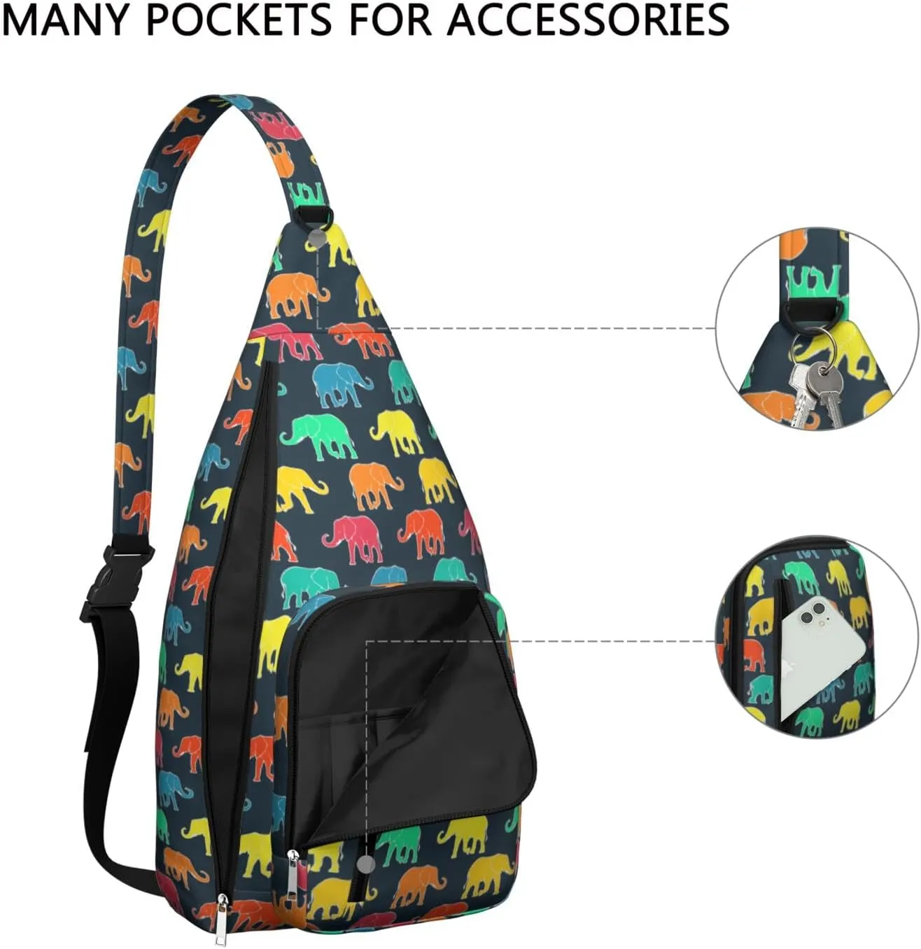 African Elephant Print Black Crossbody Bag Daypack for Women Men Lightweight Waterproof Sling Bag Backpack Hiking Cycling