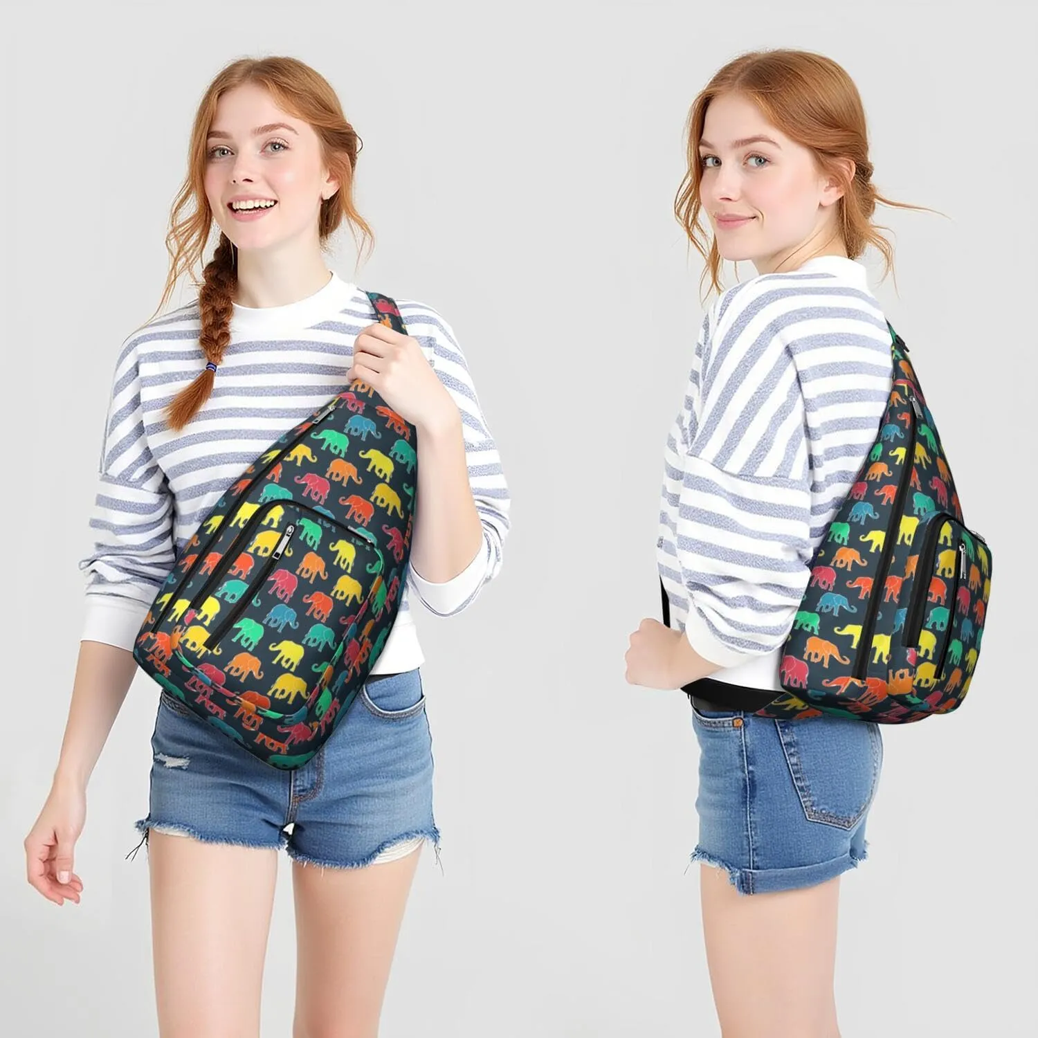 African Elephant Print Black Crossbody Bag Daypack for Women Men Lightweight Waterproof Sling Bag Backpack Hiking Cycling
