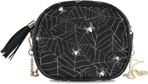 ALAZA Halloween Black and White Grunge Background with Spiderwebs Cross Body Fashion Chain Bag Single Shoulder PU Leather Purse for Women Girls