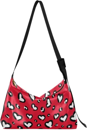 ALAZA Leopard Print Hear Red Womens Tote Bag Leather Shoulder Bag For Women Men Large Hobo Cross Body Bags Handbag