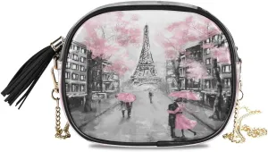 ALAZA Women's Paris Eiffel Tower Couple Pink Floral Cross Body Bag Chain Shoulder Handbag Purse with Tassel