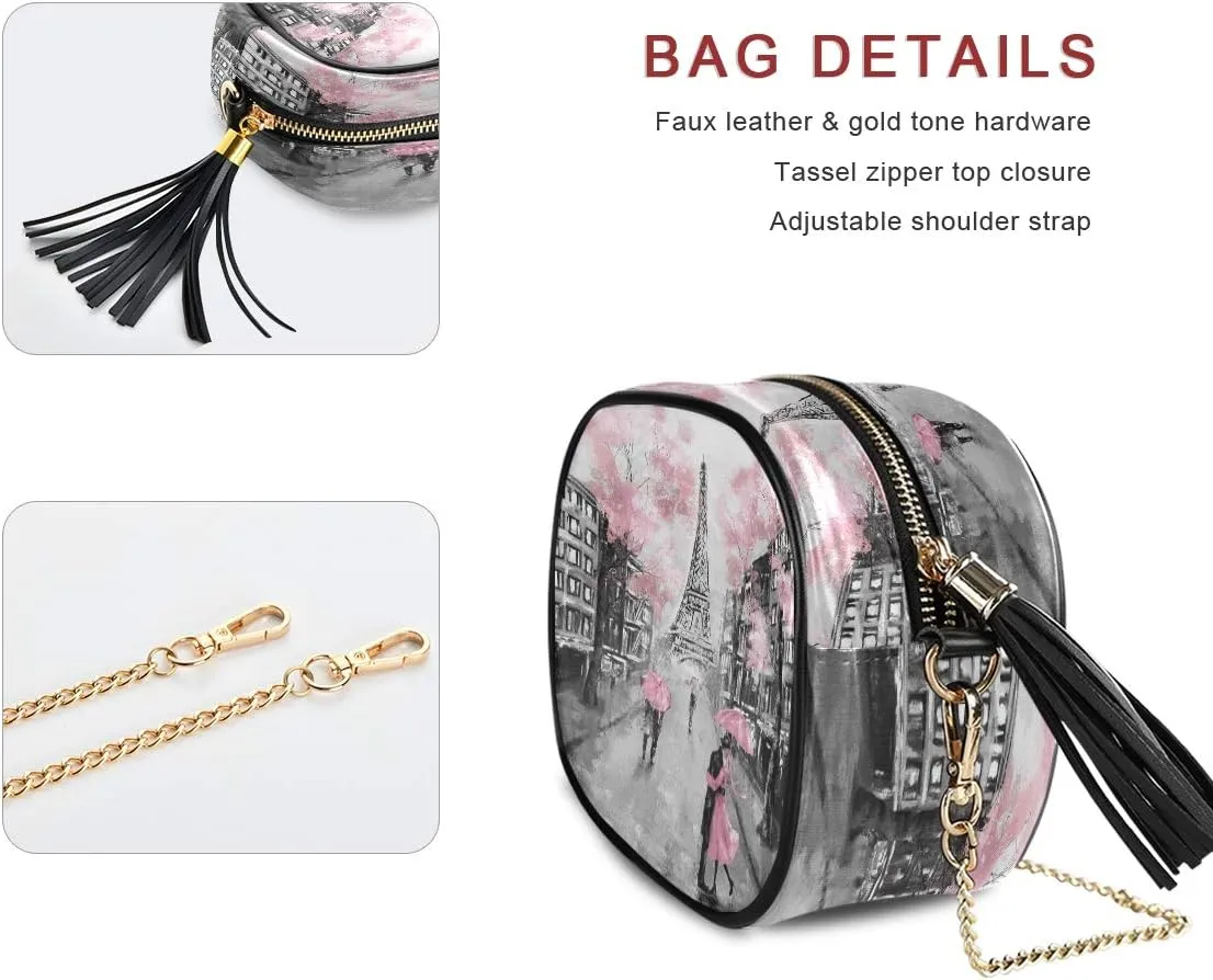 ALAZA Women's Paris Eiffel Tower Couple Pink Floral Cross Body Bag Chain Shoulder Handbag Purse with Tassel