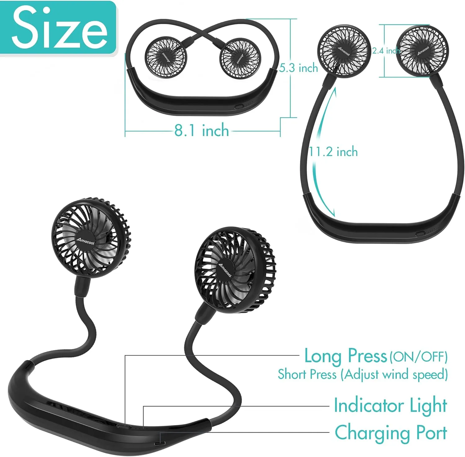 AMACOOL Neck Fan Battery Operated Neckband Fan Hand-Free Wearable Personal Fan for Hot Flashes Home Office Travel Outdoor Sports (Black)