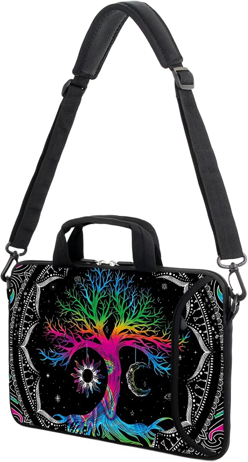AMARY 15.4" 15.6" laptop sleeve adjustable shoulder strap with handle accessory pocket for men women (Colorful Tree)