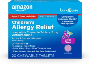 Amazon Basic Care Children's Allergy Relief, Loratadine Chewable Tablets, 5 mg, Grape Flavored, Ages 2 and up, 20 Count