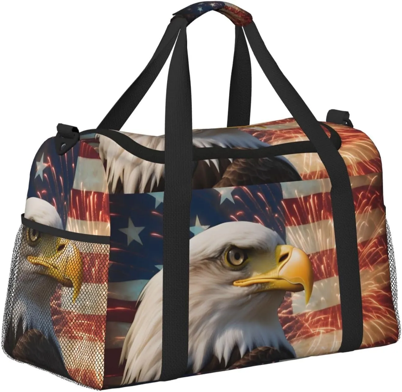 American Flag Big Capacity Sports Gym Bag Portable Travel Duffle Bag, Eagle Firework Lightweight Weekender Workout Bag for Overnight, Unisex