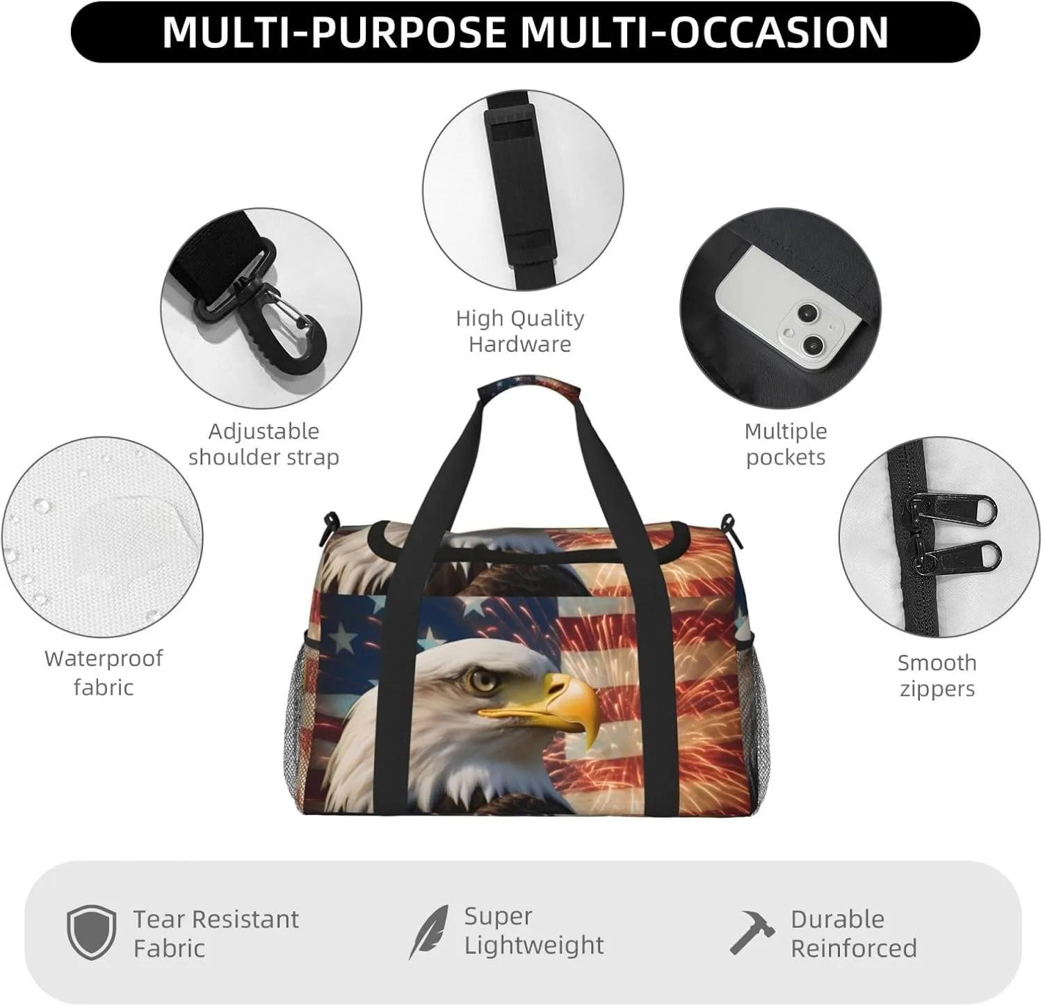 American Flag Big Capacity Sports Gym Bag Portable Travel Duffle Bag, Eagle Firework Lightweight Weekender Workout Bag for Overnight, Unisex
