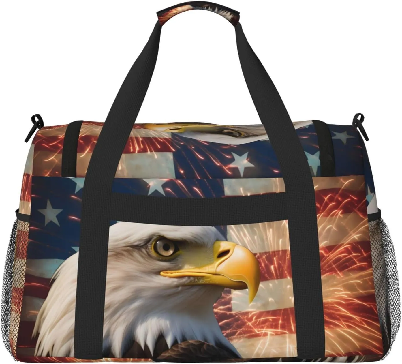 American Flag Big Capacity Sports Gym Bag Portable Travel Duffle Bag, Eagle Firework Lightweight Weekender Workout Bag for Overnight, Unisex