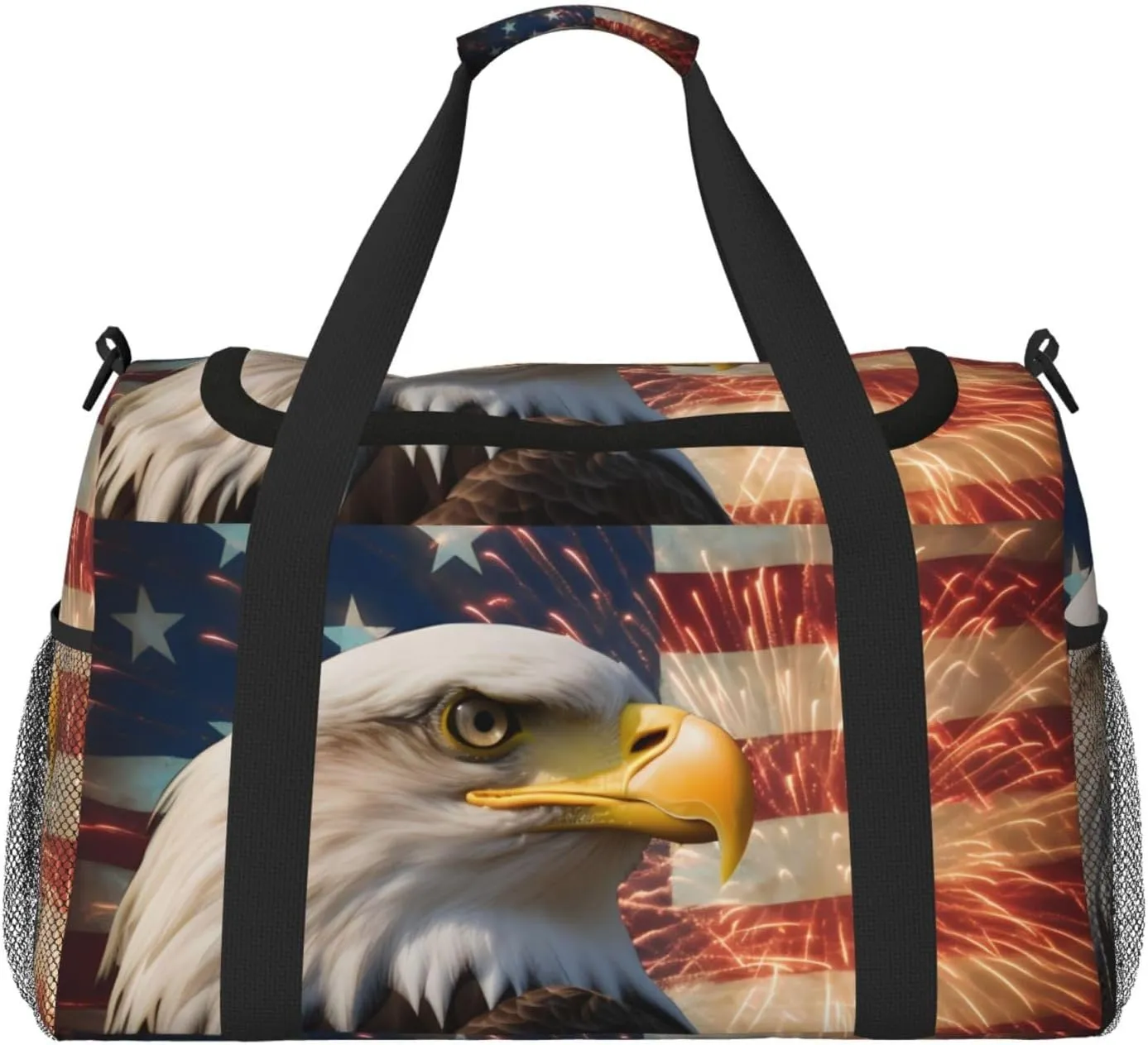 American Flag Big Capacity Sports Gym Bag Portable Travel Duffle Bag, Eagle Firework Lightweight Weekender Workout Bag for Overnight, Unisex