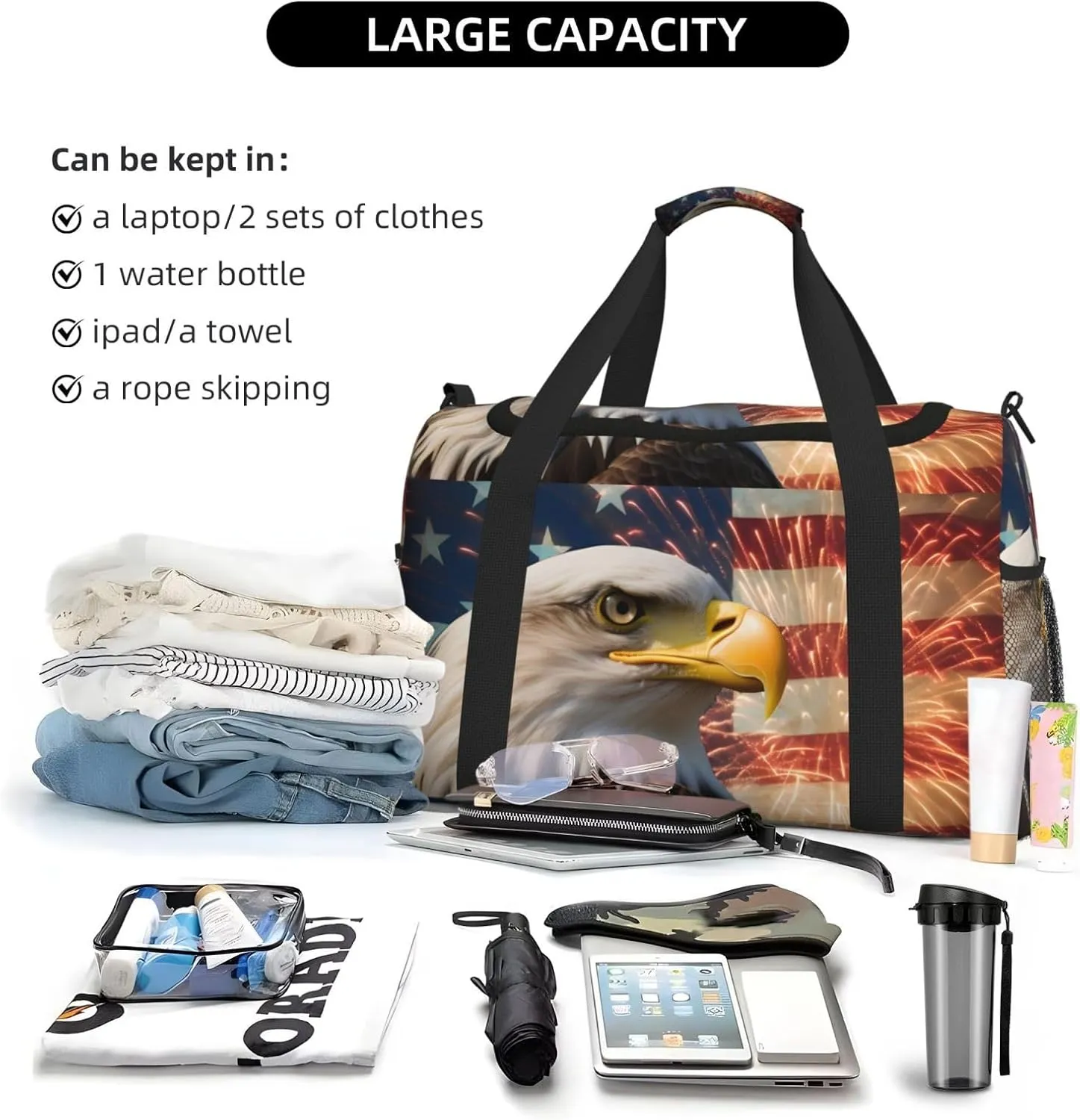 American Flag Big Capacity Sports Gym Bag Portable Travel Duffle Bag, Eagle Firework Lightweight Weekender Workout Bag for Overnight, Unisex