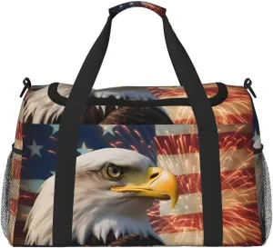 American Flag Big Capacity Sports Gym Bag Portable Travel Duffle Bag, Eagle Firework Lightweight Weekender Workout Bag for Overnight, Unisex