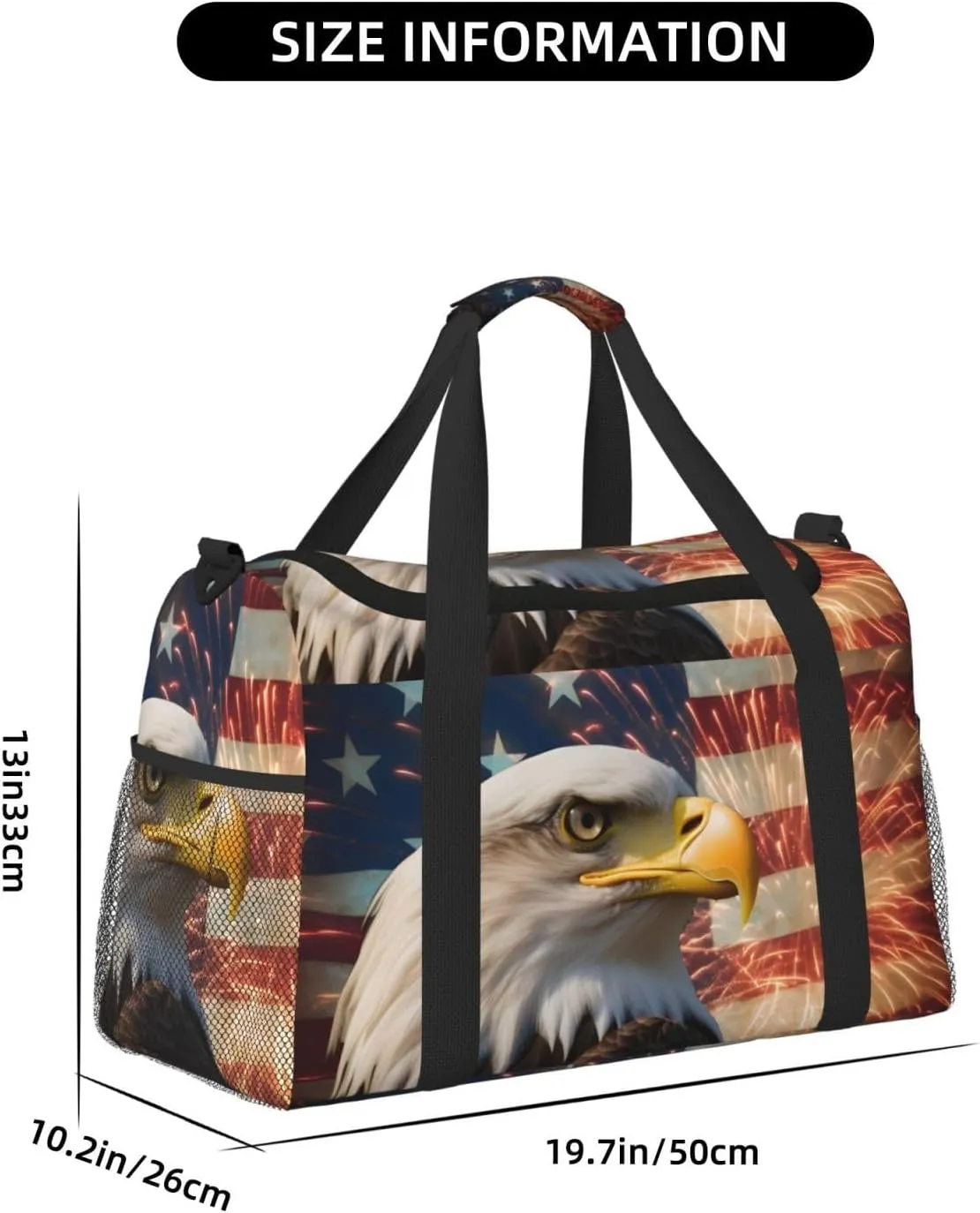 American Flag Big Capacity Sports Gym Bag Portable Travel Duffle Bag, Eagle Firework Lightweight Weekender Workout Bag for Overnight, Unisex