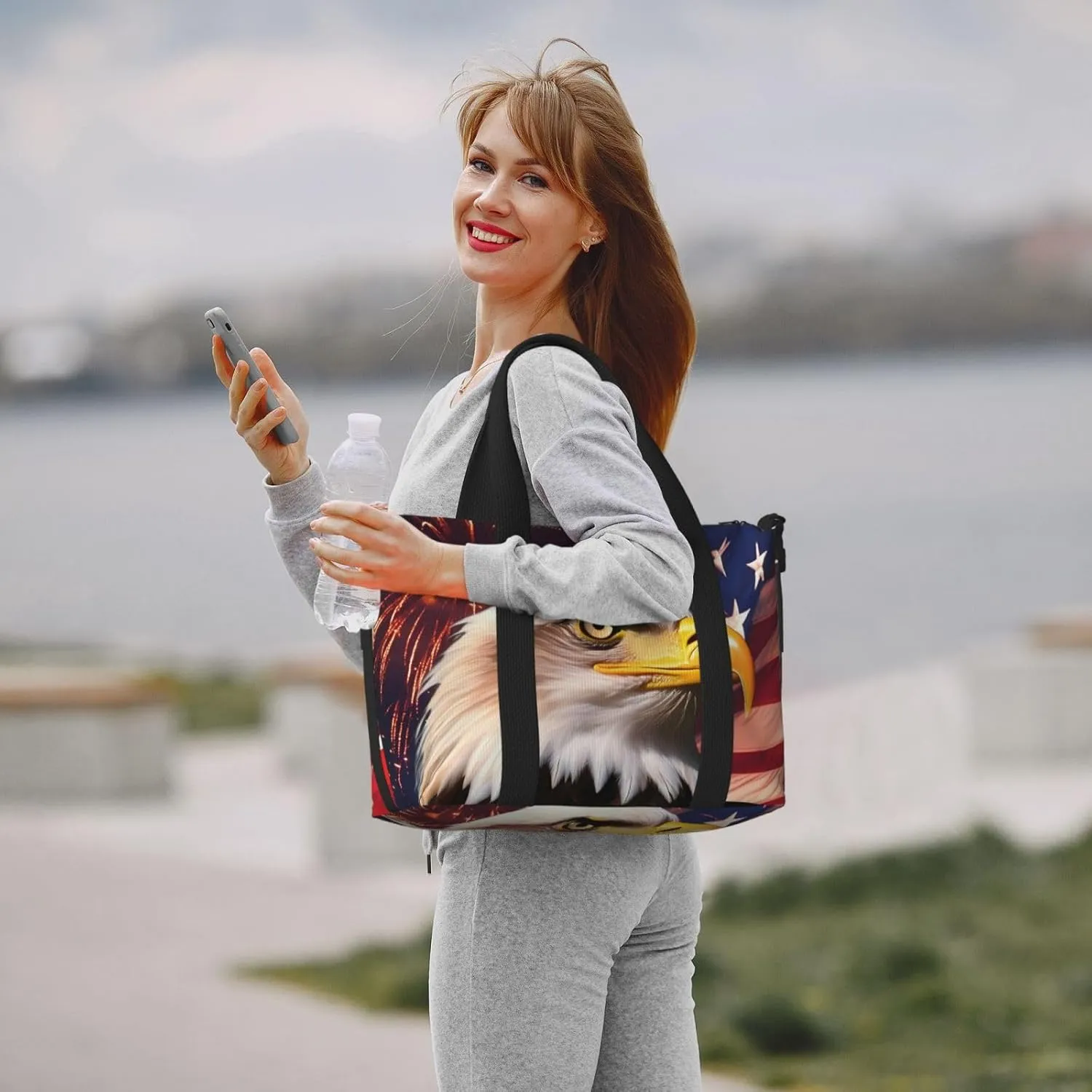 American Flag Travel Duffel Bags for Women Men, Sports Training Gym Bag Dance Bag with Adjustable Shoulder Strap Eagle And Fireworks Weekender Overnight Bag