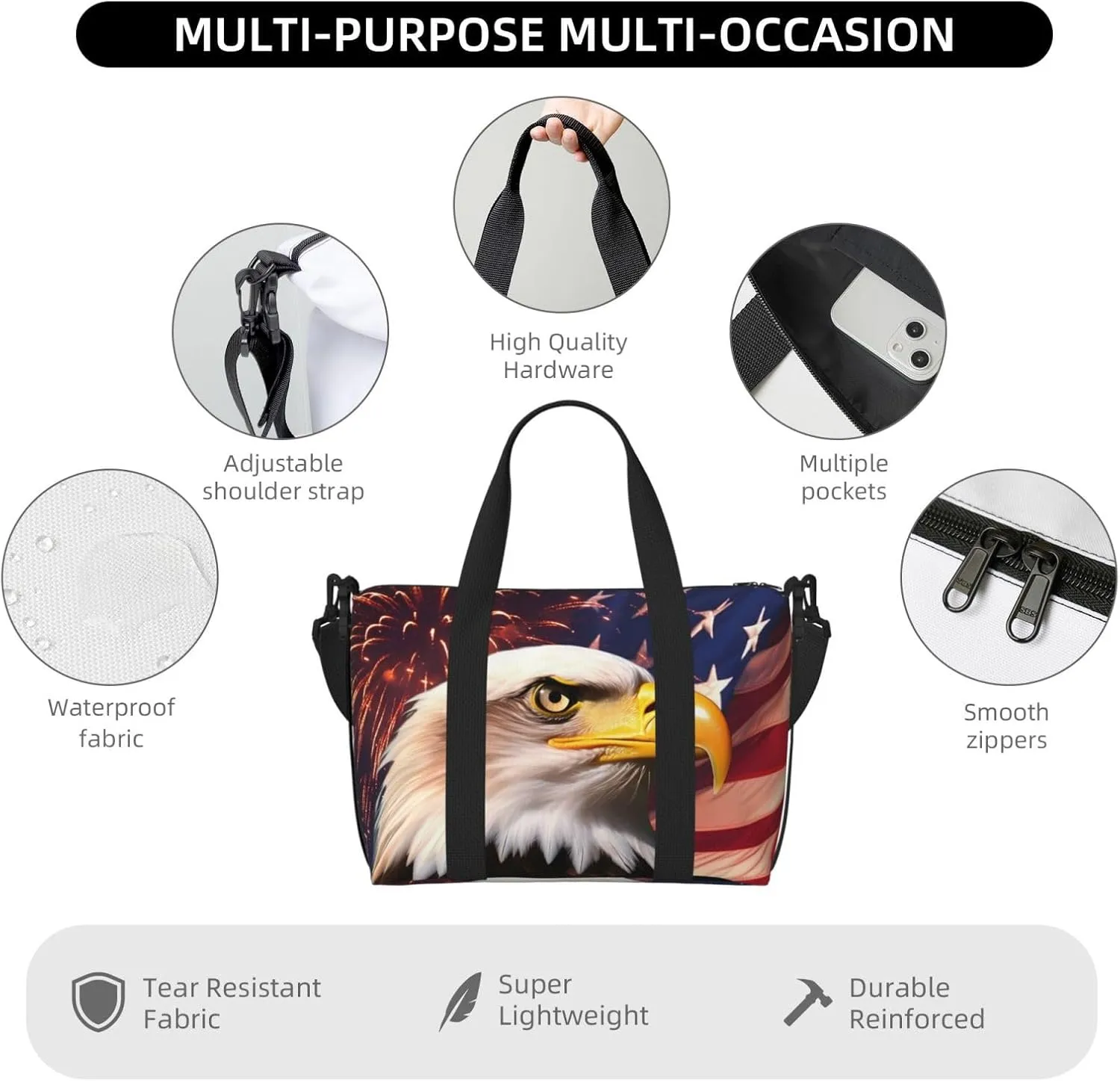 American Flag Travel Duffel Bags for Women Men, Sports Training Gym Bag Dance Bag with Adjustable Shoulder Strap Eagle And Fireworks Weekender Overnight Bag
