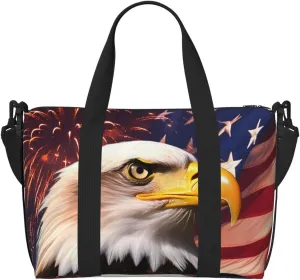 American Flag Travel Duffel Bags for Women Men, Sports Training Gym Bag Dance Bag with Adjustable Shoulder Strap Eagle And Fireworks Weekender Overnight Bag