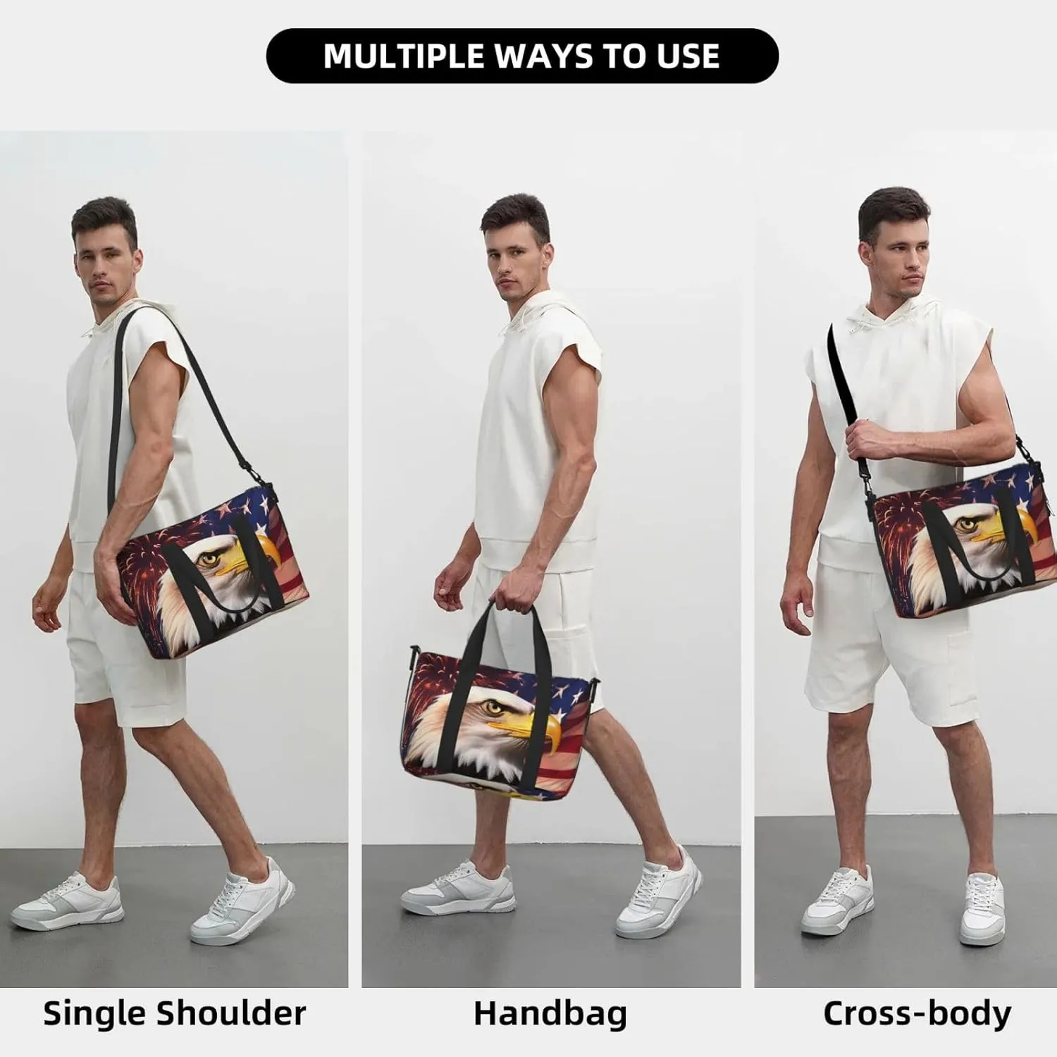 American Flag Travel Duffel Bags for Women Men, Sports Training Gym Bag Dance Bag with Adjustable Shoulder Strap Eagle And Fireworks Weekender Overnight Bag