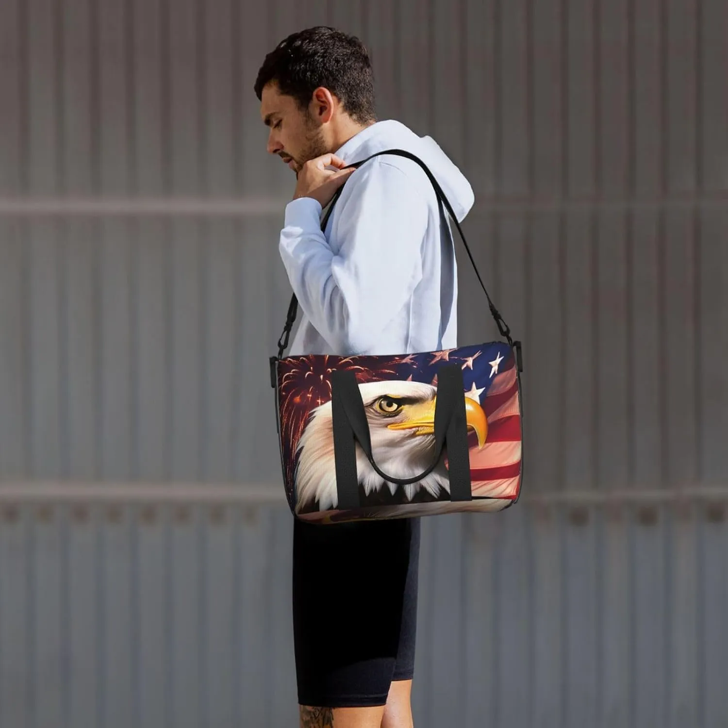 American Flag Travel Duffel Bags for Women Men, Sports Training Gym Bag Dance Bag with Adjustable Shoulder Strap Eagle And Fireworks Weekender Overnight Bag