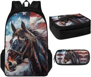 American Flag with Horse School Backpack for Boys 3 In 1 Backpack Sets with Lunch Bag for Middle School 17 Inch Backpack for Women College Student College School Computer Bag for Men