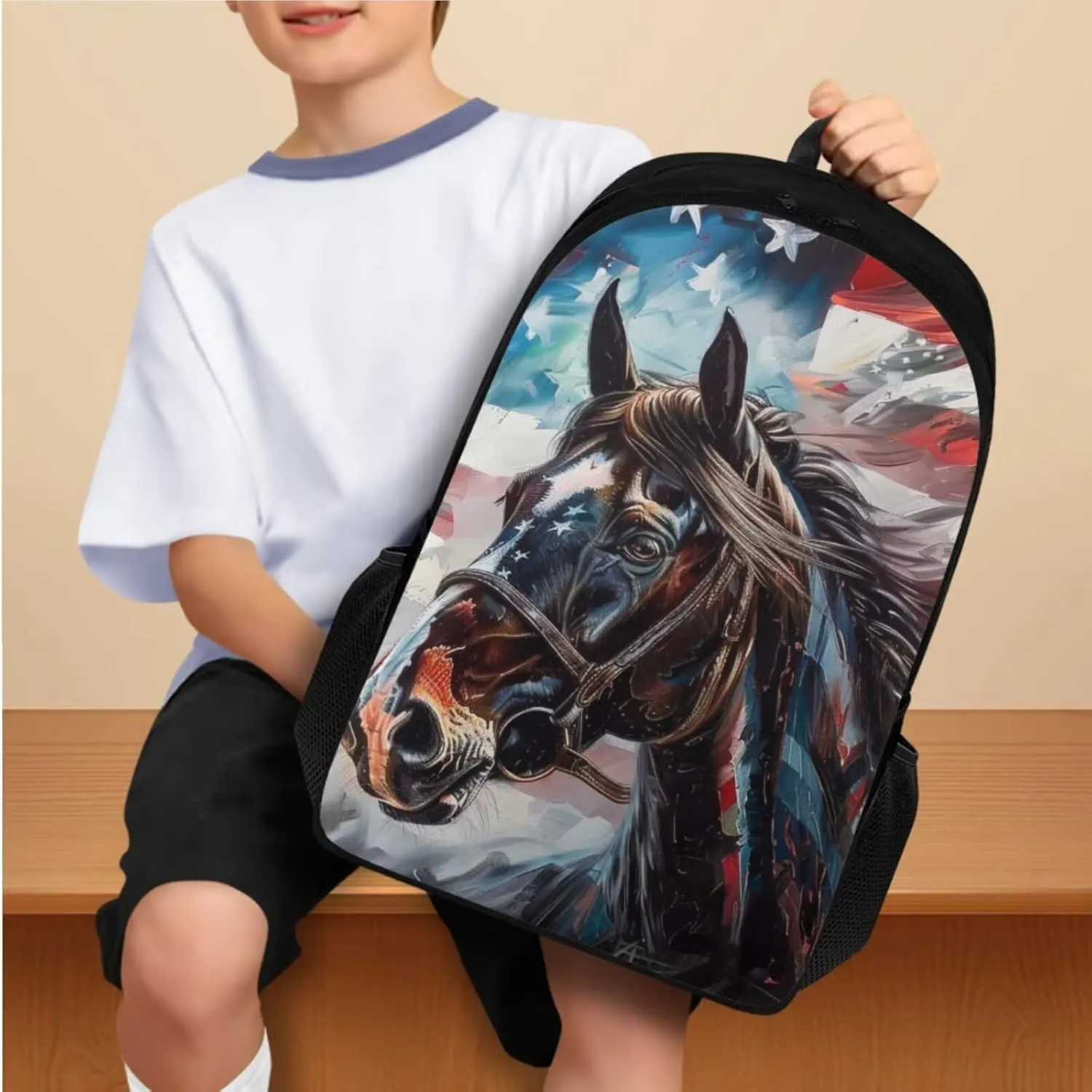American Flag with Horse School Backpack for Boys 3 In 1 Backpack Sets with Lunch Bag for Middle School 17 Inch Backpack for Women College Student College School Computer Bag for Men