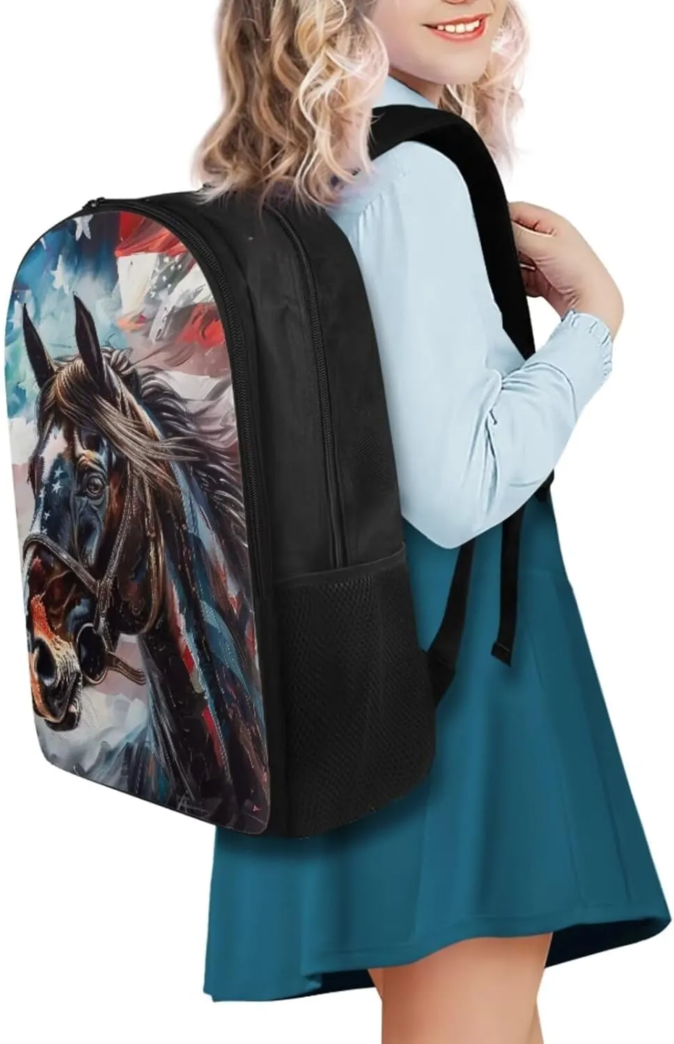 American Flag with Horse School Backpack for Boys 3 In 1 Backpack Sets with Lunch Bag for Middle School 17 Inch Backpack for Women College Student College School Computer Bag for Men
