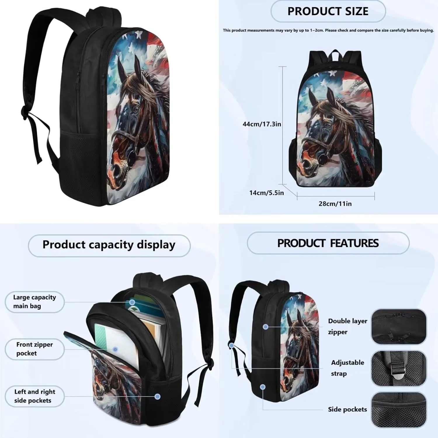 American Flag with Horse School Backpack for Boys 3 In 1 Backpack Sets with Lunch Bag for Middle School 17 Inch Backpack for Women College Student College School Computer Bag for Men
