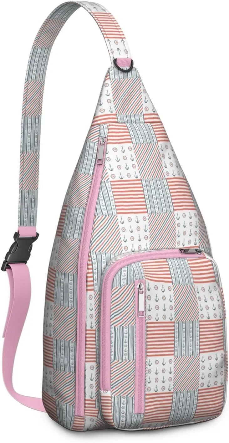 Anchor Print Stripe Crossbody Bag Daypack for Women Men Lightweight Waterproof Sling Bag Backpack Hiking Cycling