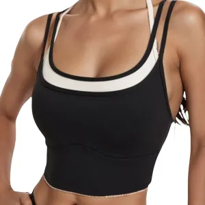 Anna-Kaci Women's Double Layered Scoop Neck Sports Bra with Contrast Trim
