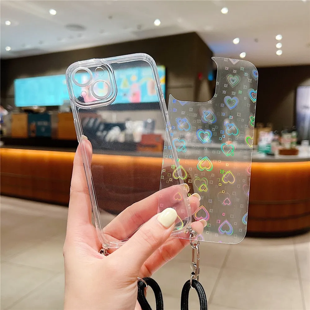 Anymob iPhone Case Black Clear Laser Love Heart Crossbody Lanyard Hang Strap Rope Cover
