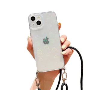Anymob iPhone Case Black Clear Laser Love Heart Crossbody Lanyard Hang Strap Rope Cover