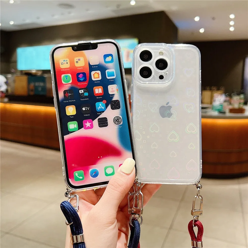 Anymob iPhone Case Black Clear Laser Love Heart Crossbody Lanyard Hang Strap Rope Cover