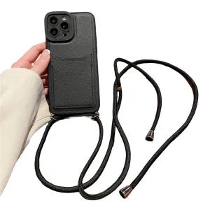 Anymob iPhone Case Black Crossbody Necklace Strap Lanyard with Card Holder Silicone Cover