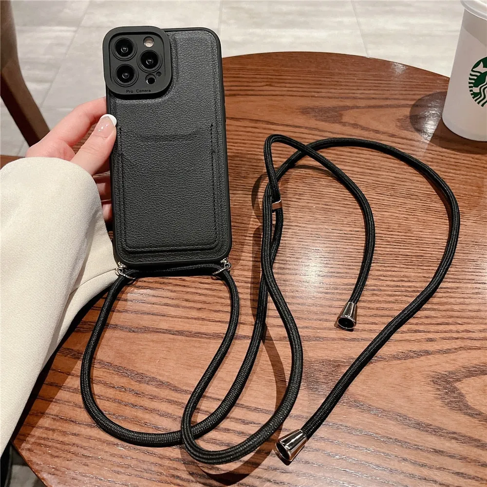 Anymob iPhone Case Black Crossbody Necklace Strap Lanyard with Card Holder Silicone Cover