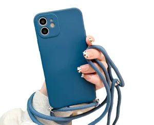 Anymob iPhone Case Dark Blue Fashion Square Crossbody Necklace Strap Lanyard Cord Silicone For iPhone Full Lens Protection Cover