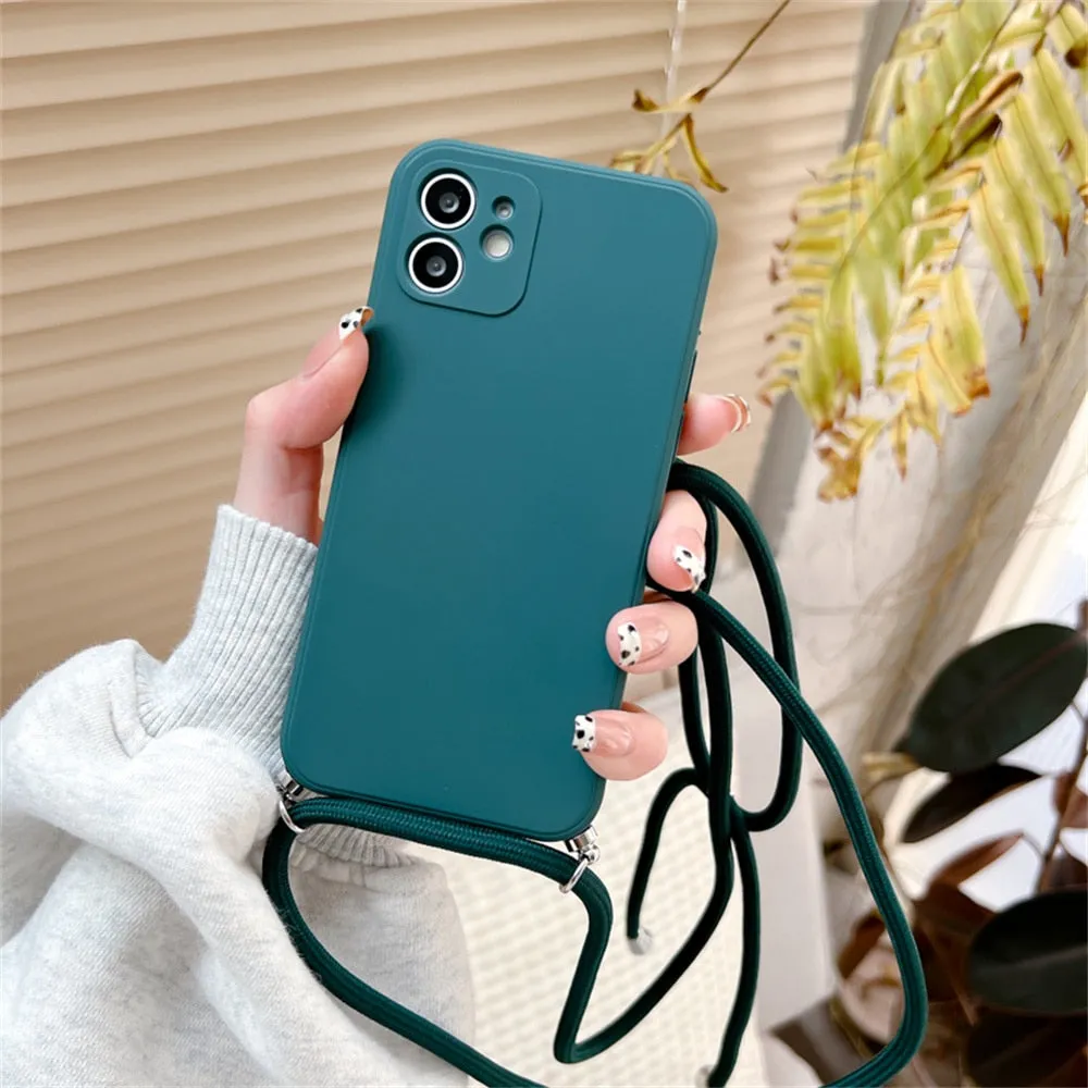 Anymob iPhone Case Dark Green Crossbody Necklace Strap Lanyard Soft Silicone Cover