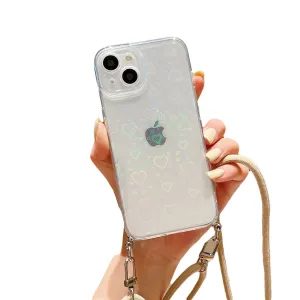 Anymob iPhone Case Khaki Clear Laser Love Heart Crossbody Lanyard Hang Strap Rope Cover