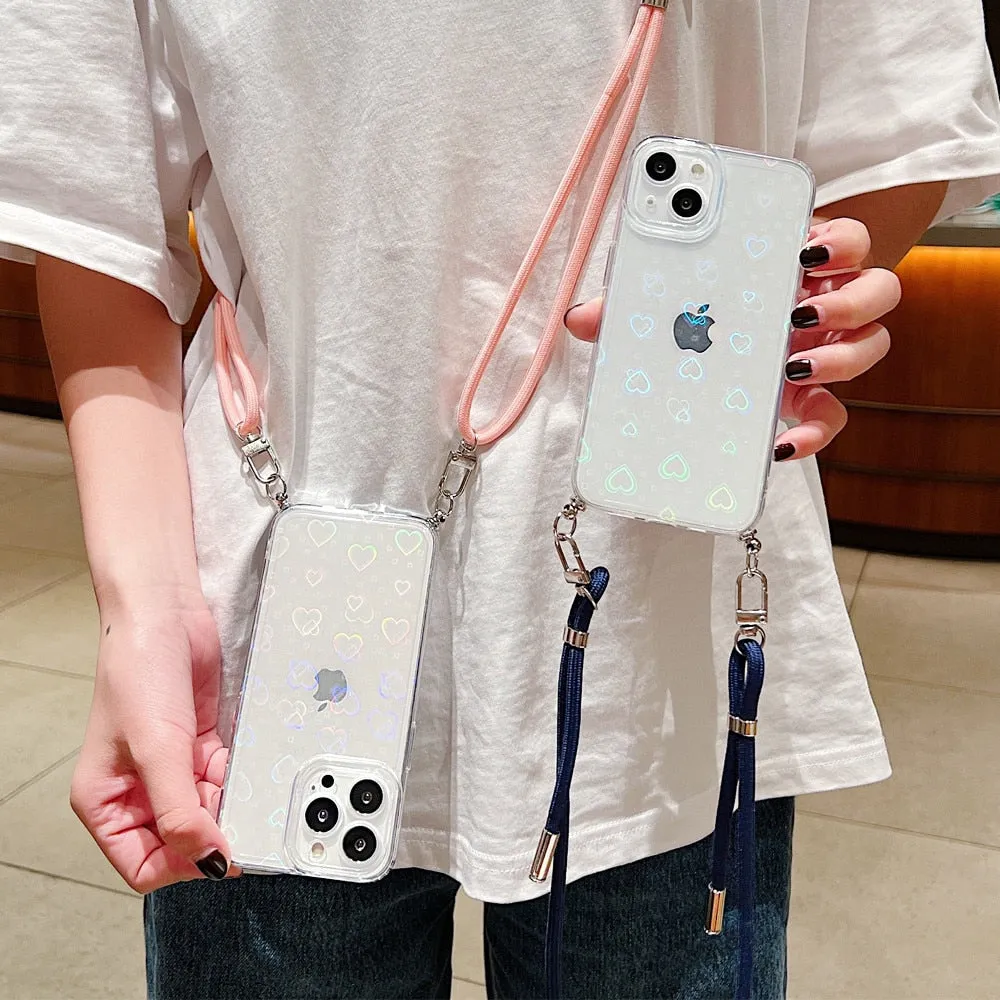 Anymob iPhone Case Khaki Clear Laser Love Heart Crossbody Lanyard Hang Strap Rope Cover