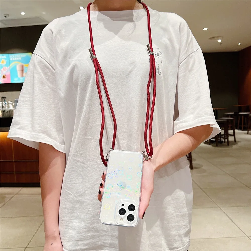 Anymob iPhone Case Khaki Clear Laser Love Heart Crossbody Lanyard Hang Strap Rope Cover