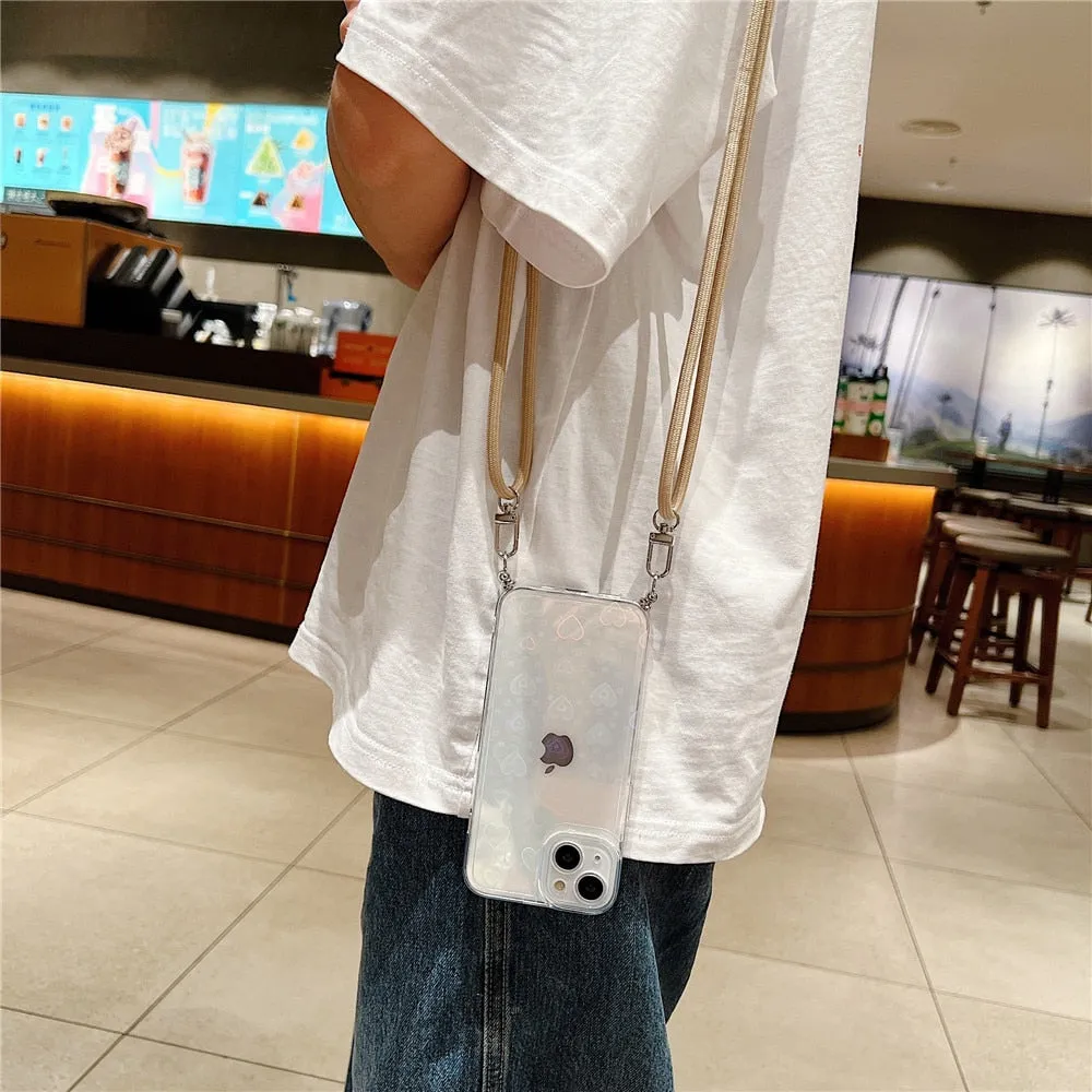 Anymob iPhone Case Khaki Clear Laser Love Heart Crossbody Lanyard Hang Strap Rope Cover